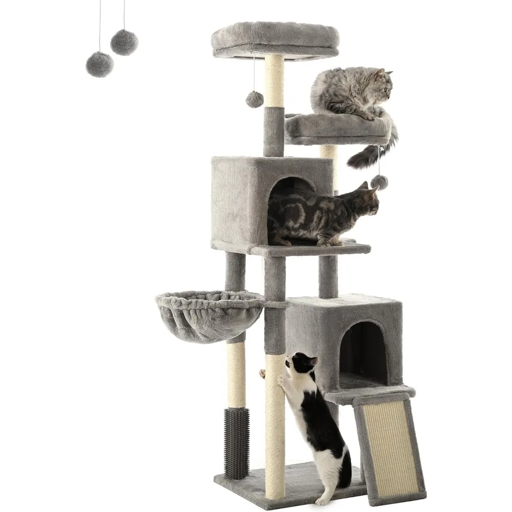 

Cat Tree for Indoor Cats, 61.4in Cat Tower, Condo, Two Perch, Two Caves, Soft Basket, Sisal Scratching Stairs