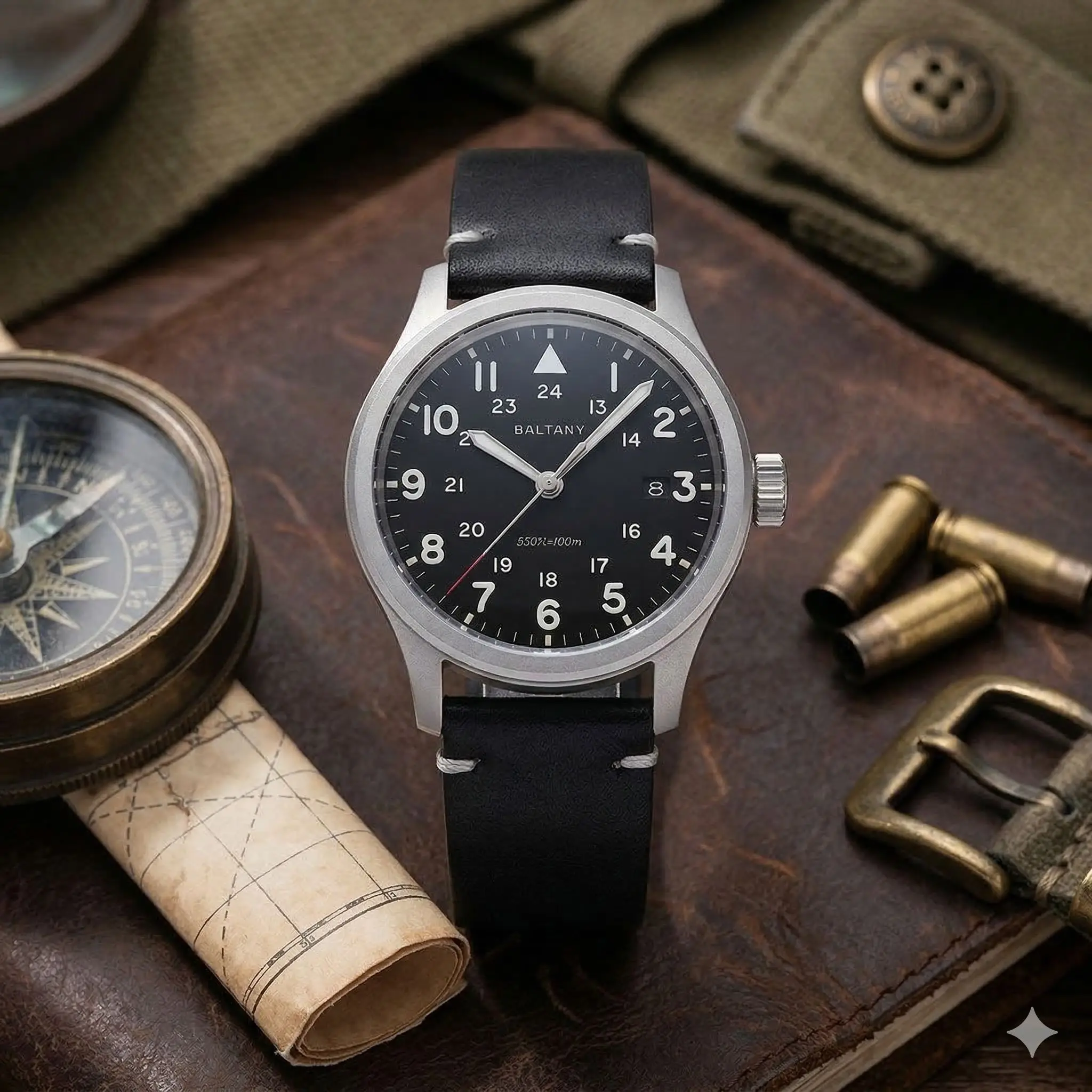 Baltany S2082 Military Quartz Watch Date Battery 100M Waterproof Retro Leather Work Office Everyday Wear Big Number