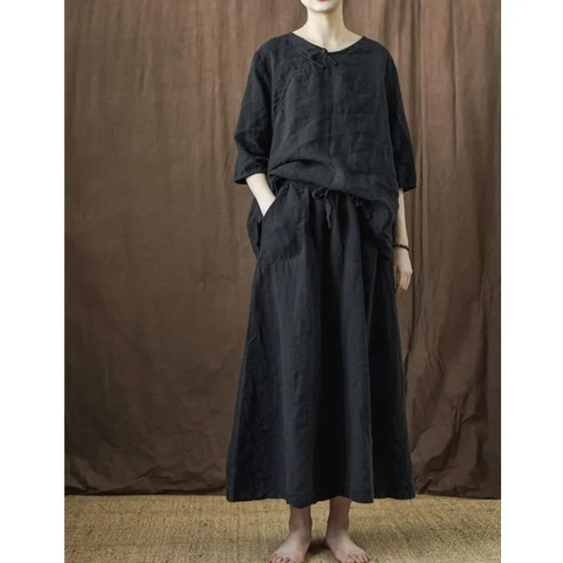 

Chinese Style Retro Cotton and Linen Two Piece Sets Womens Outifits Simple and Loose Artistic Women's Shirt and Casual Skirt Set