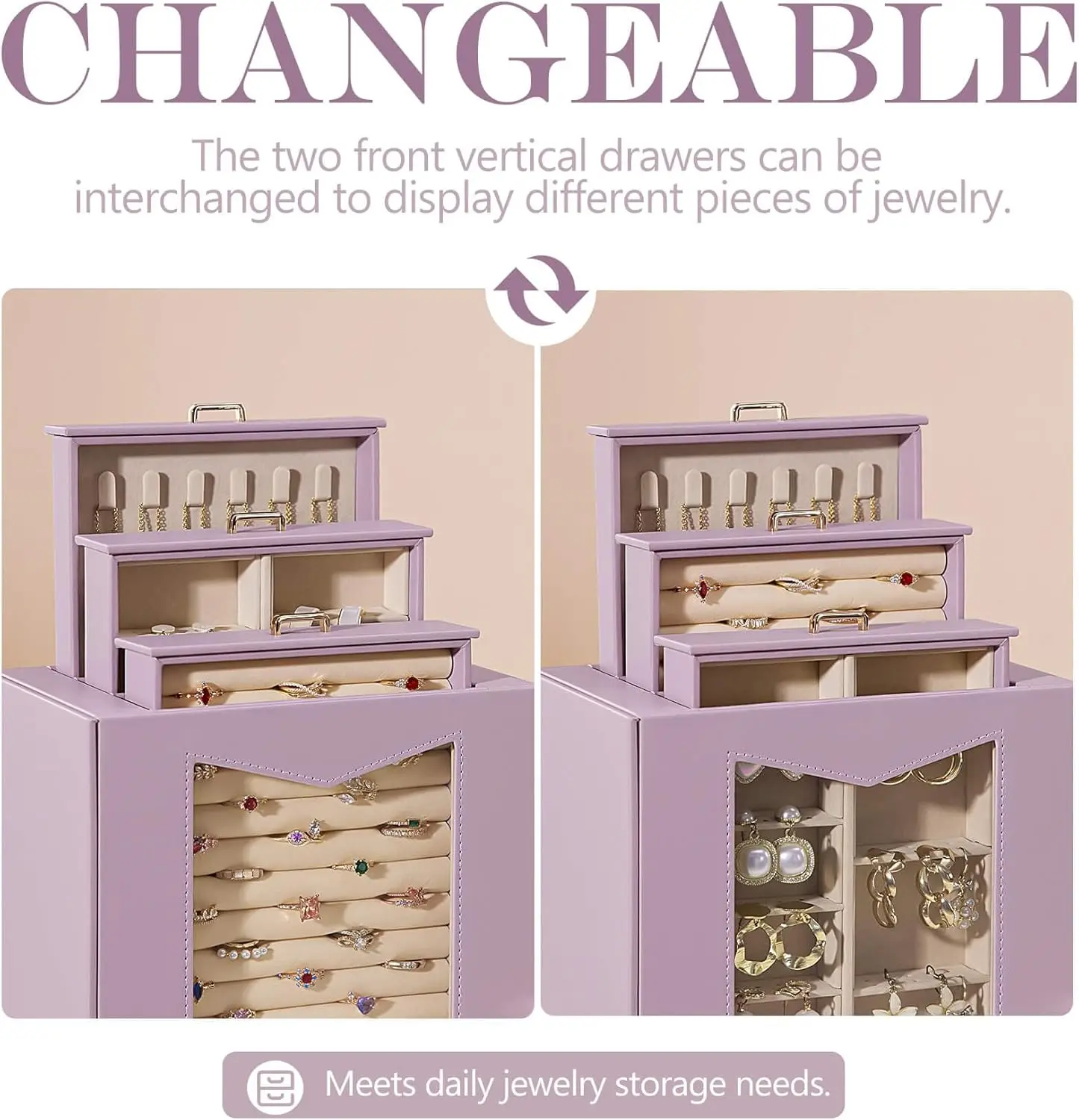 Transparent Window Jewelry Organizer with Hooks for Necklaces Rings Earrings Bracelets Display Case Grey Purple