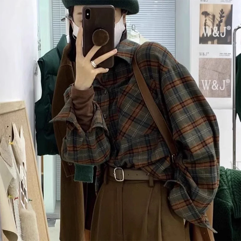 Alle Match Mix Kleur Geruite Shirts Vrouwen Herfst Winter Single Breasted Lange Mouw Vrouw Turn Down Kraag Blouses Vrouwelijke