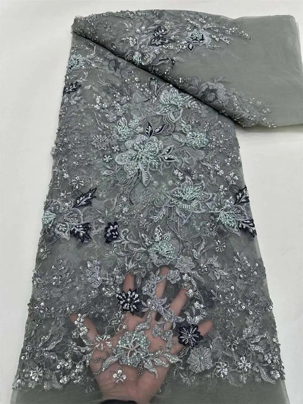 

African French Sequined Lace Fabrics 2025 High Quality Beaded Lace Nigerian Groom Embroidered Dress Material For Party Sewing 11
