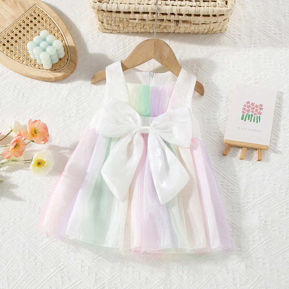 Summer baby girl dress with large bow and colorful mesh stitching zippered back sleeveless princess dress