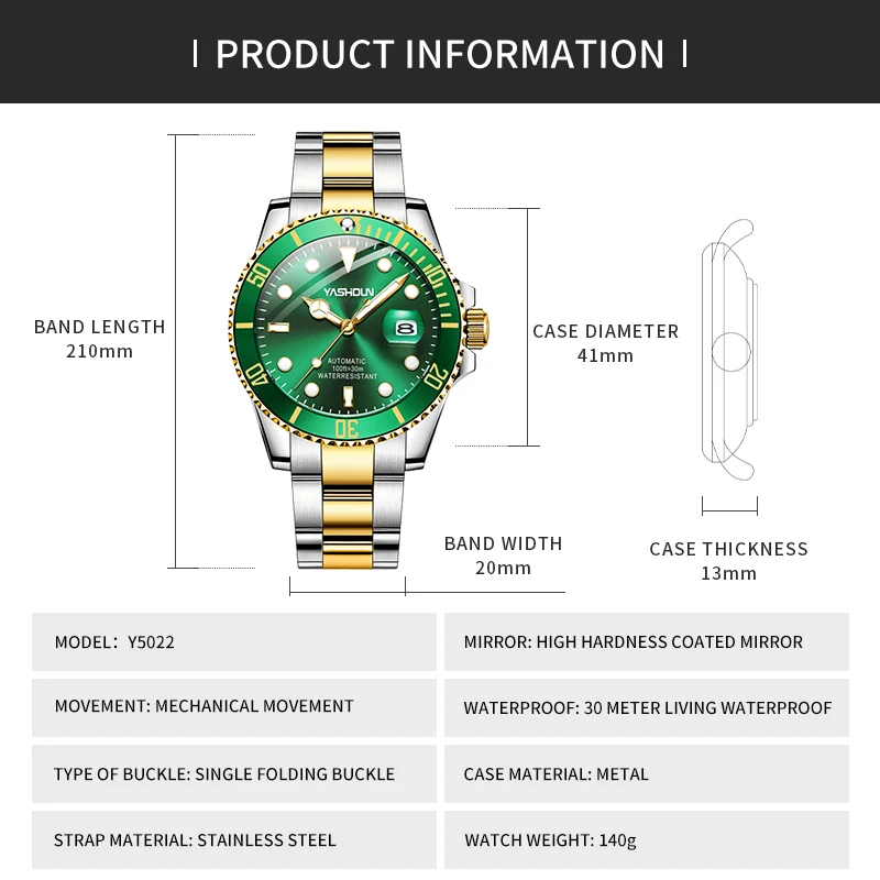 YASHIDUN トップブランド メンズ 自動巻き腕時計 機械式腕時計 防水 ステンレススチール製 スポーツ クラシック 男性用