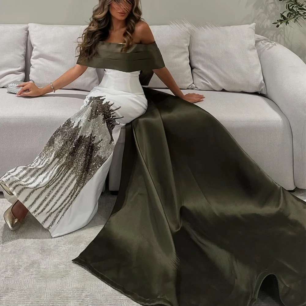 Graceful Sequined Off the Shoulder Satin Evening Dresses Fashion Straight Floor Length Boat Neck Half Sleeves Celebrity Gowns