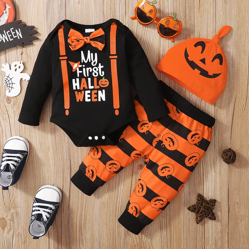 0-12M Halloween 3Pcs Babies Suit Autumn Newborn Boys Girls Romper+Pants+Hat Baby Infant Bodysuit Funny Pumpkin Printed Costume