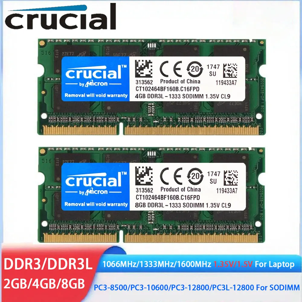 

Crucial Memoria RAM DDR3 DDR3L 8GB 4GB 2GB 1066 1333 1600MHz RAM 204pin 1.35V/1.5V PC3-12800 SODIMM Memory for Laptop Notebook