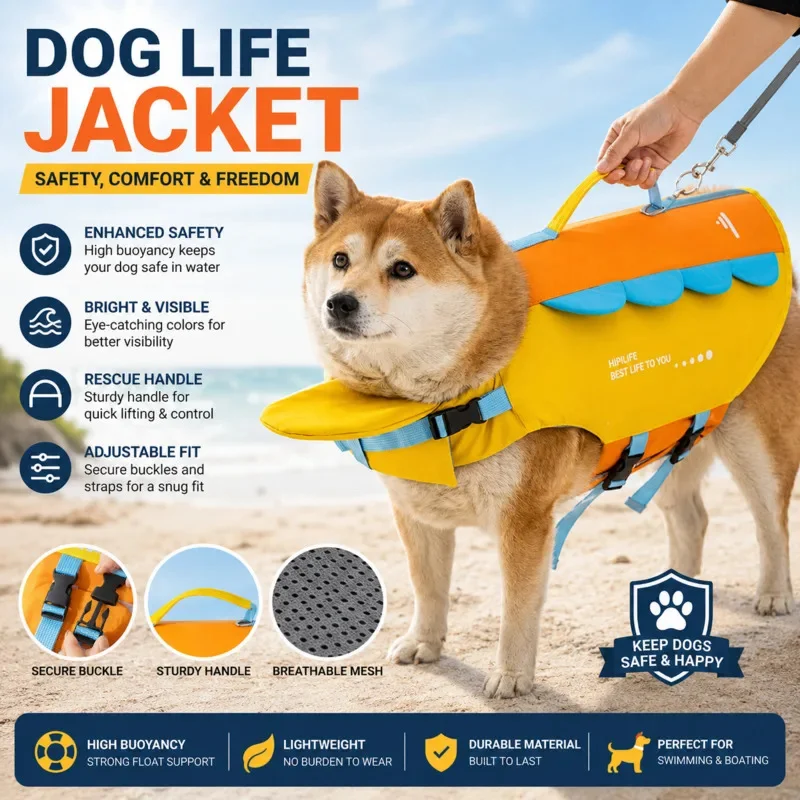 

Adjustable High Buoyancy Dog Life Jacket Dinosaur Safety Pet Swimming Vest For Small Medium Large Dogs Summer Beach Boating Gift