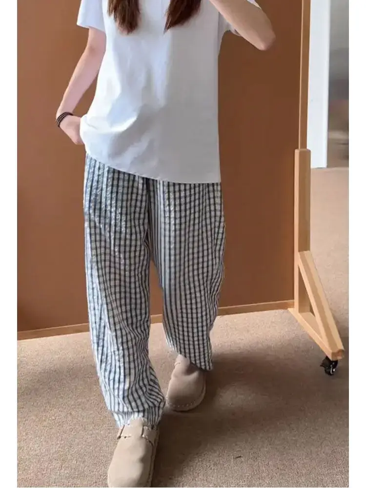 Blue Plaid Bubble Cloth Loose Fit Summer Thin Sport Quick Dry Casual Pants Straight Leg Drapey Feel Men Women Leisure Trousers