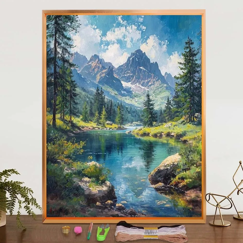 

Forest Mountains Embroidery Kit Landscape Full Pattern Printed For Needlework Adult Beginner Cross Stitch Kits Sewing Art Craft