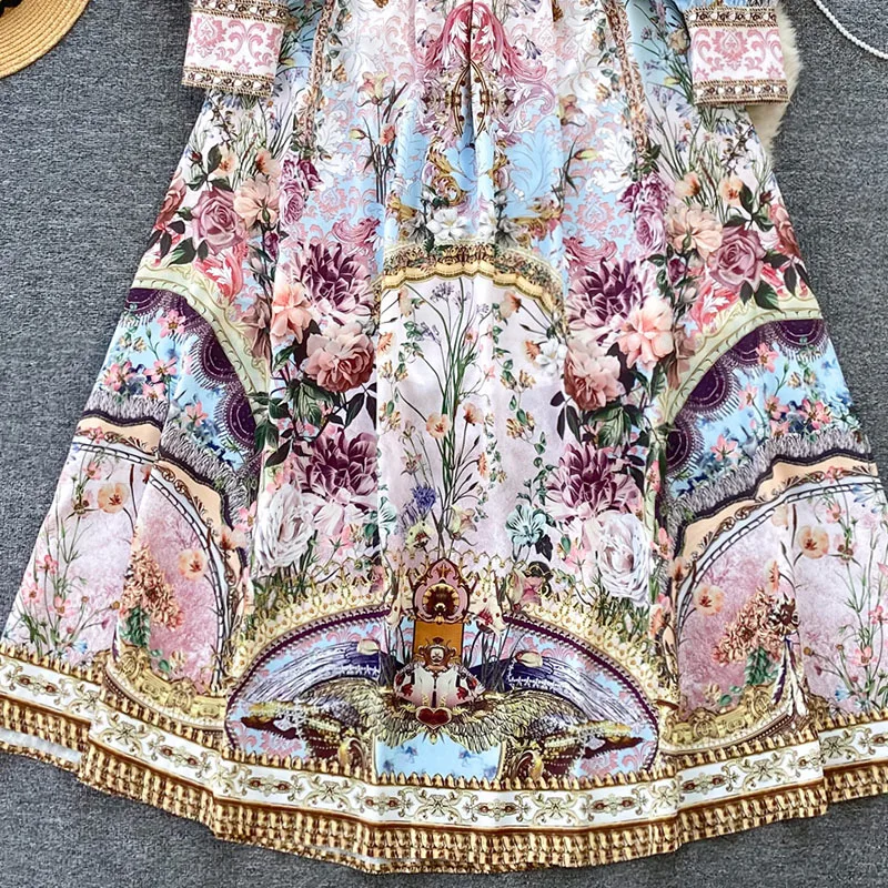 Robe longue de Style Court français, imprimé rétro, col en v, manches à bulles, coupe cintrée, haut de gamme, Niche, robes de soirée