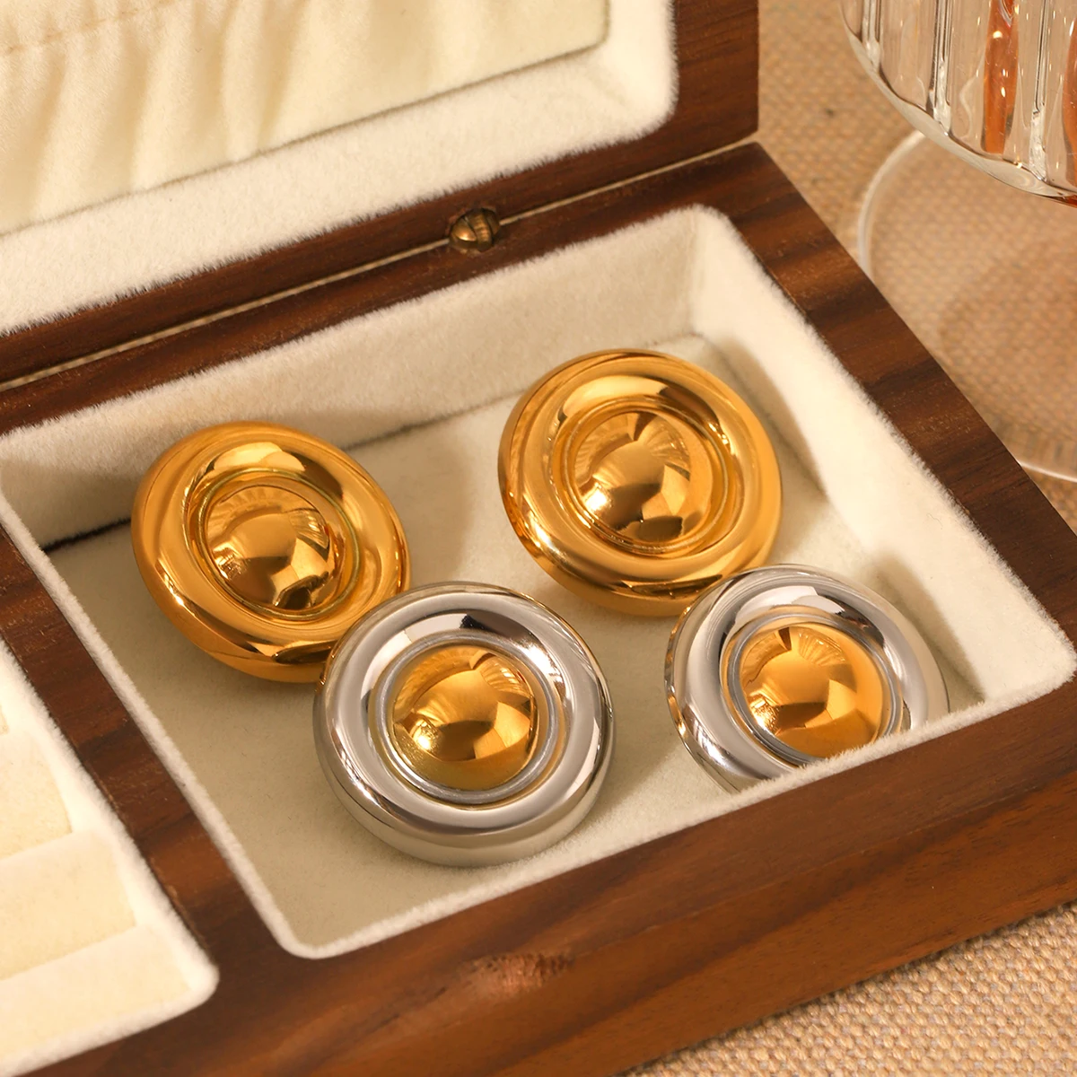 

Retro Multifunctional Design Stainless Steel Double Gold Silver Round Earrings Fashionable Women S Jewelry 18k Gold Plated