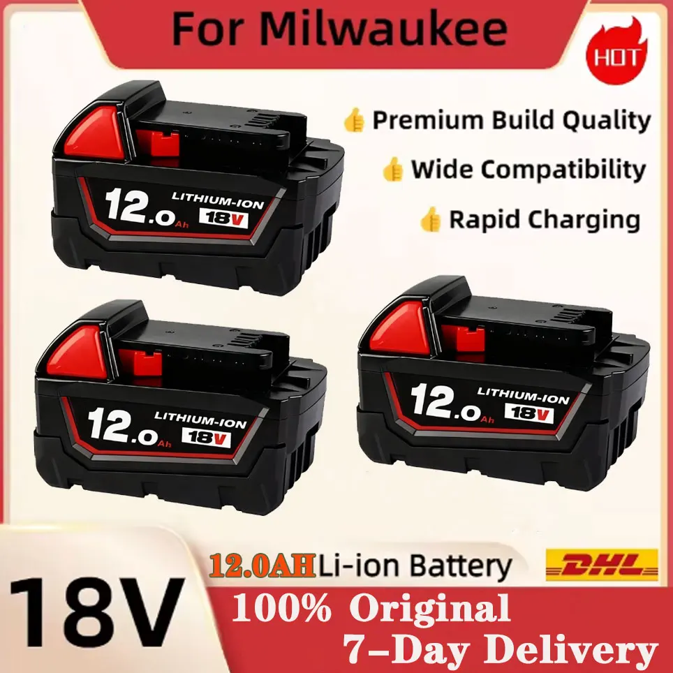 Batterie de remplacement Li-Ion 18V 12.0Ah pour Milwaukee M18, pour outils Milwaukee 18V M18 48-11-2830 0730-20