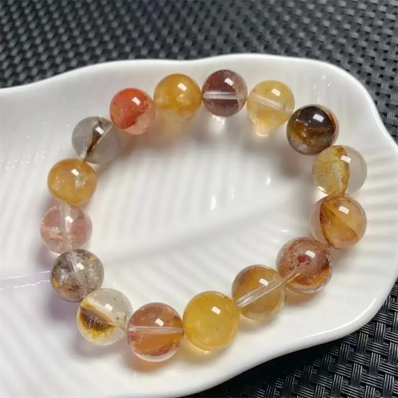 14.5MM Natural Yellow Fire Quartz Hematoid Bracelet String Charms Handmade Fortune Energy Mineral Woman Amulet Jewelry 1PCS