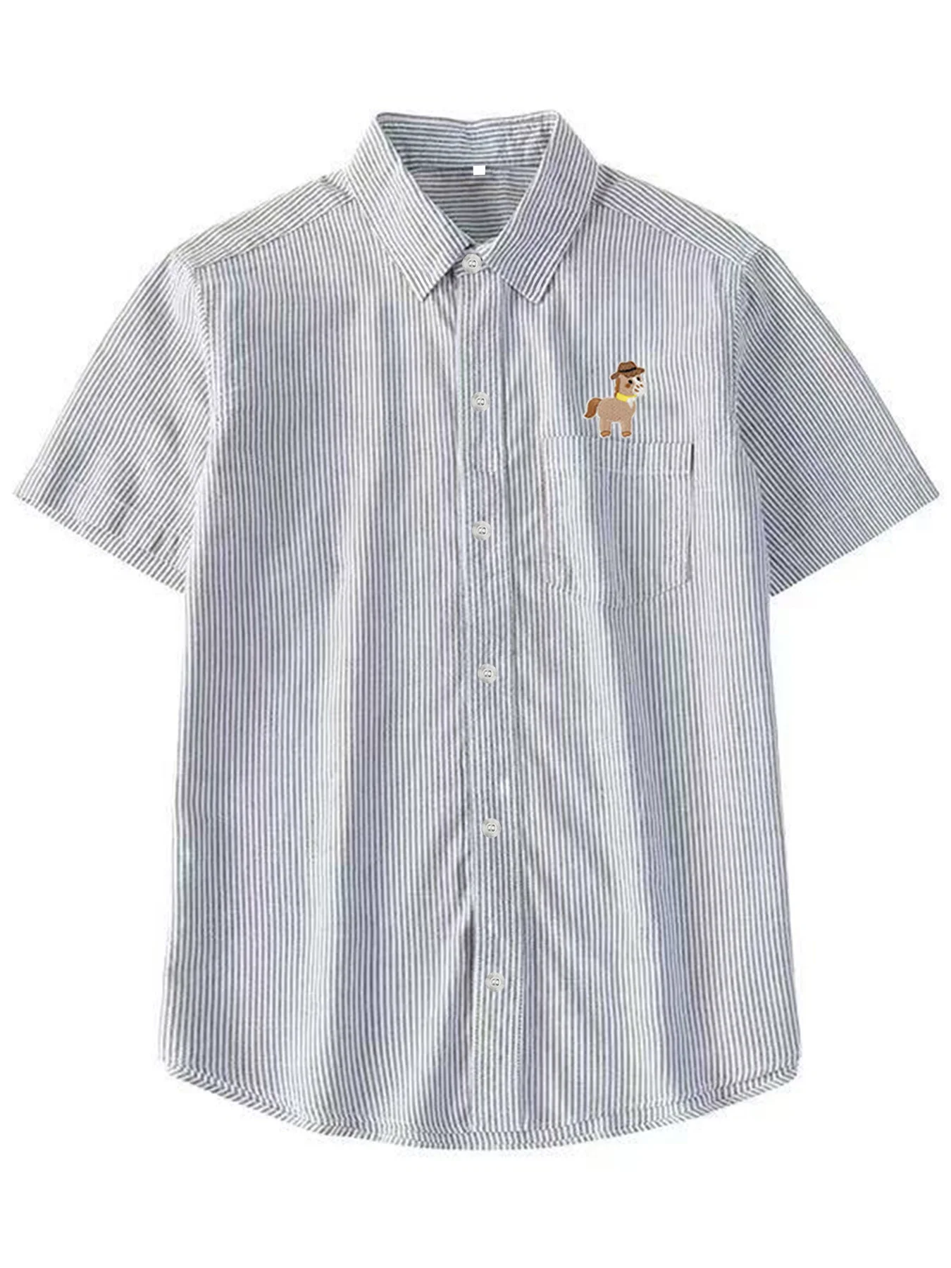 

Trendy men's summer thin cartoon pony with hat pattern striped shirt, fashionable and versatile casual short-sleeve shirt
