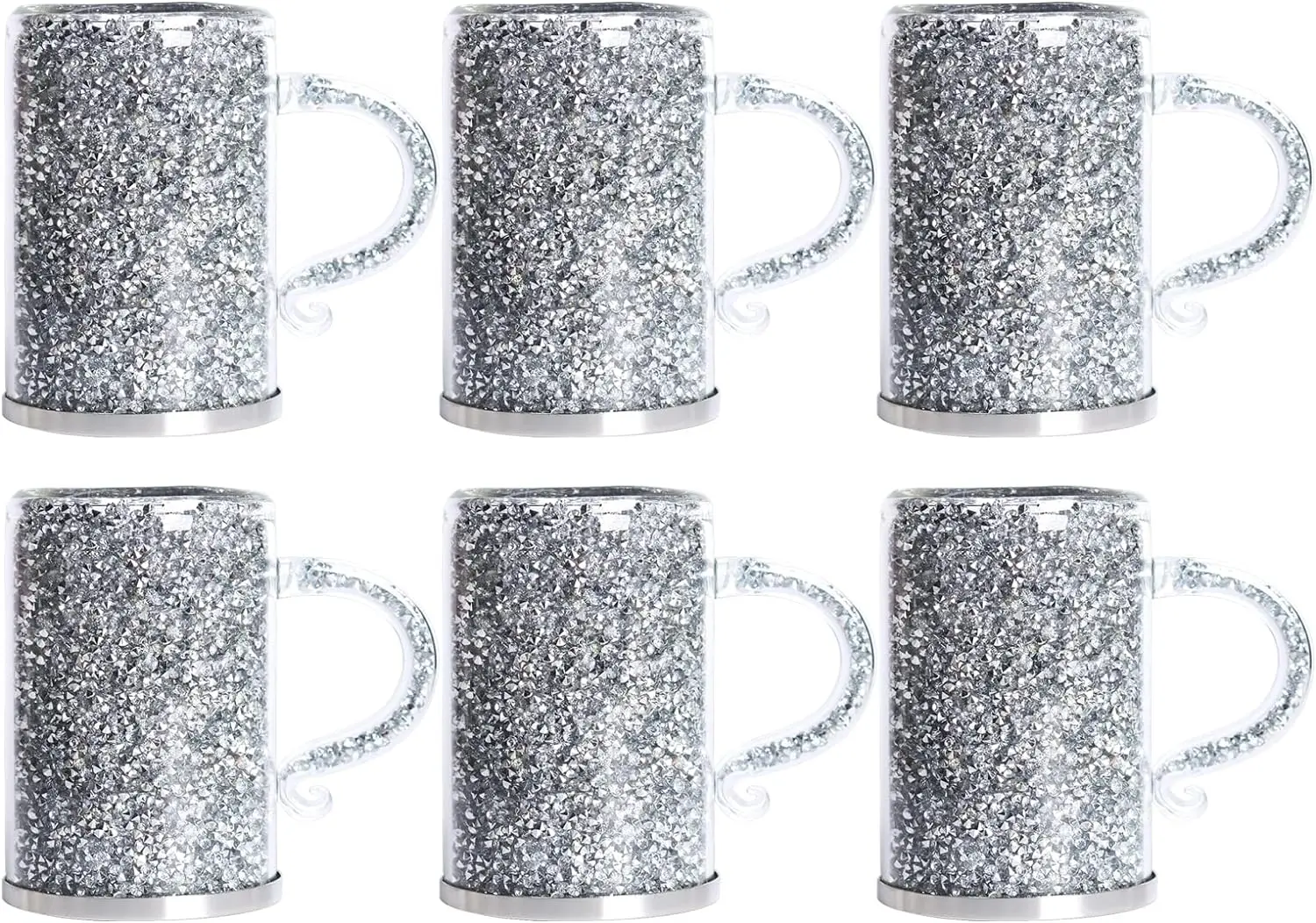 Crystal Glass Coffee Mug Set of 6 with Handle 6oz Sparkle Crushed Diamond Cups Double Layer Heat Insulation Vacuum Glass Mugs