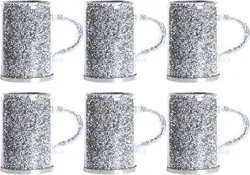 Crystal Glass Coffee Mug Set of 6 with Handle 6oz Sparkle Crushed Diamond Cups Double Layer Heat Insulation Vacuum Glass Mugs