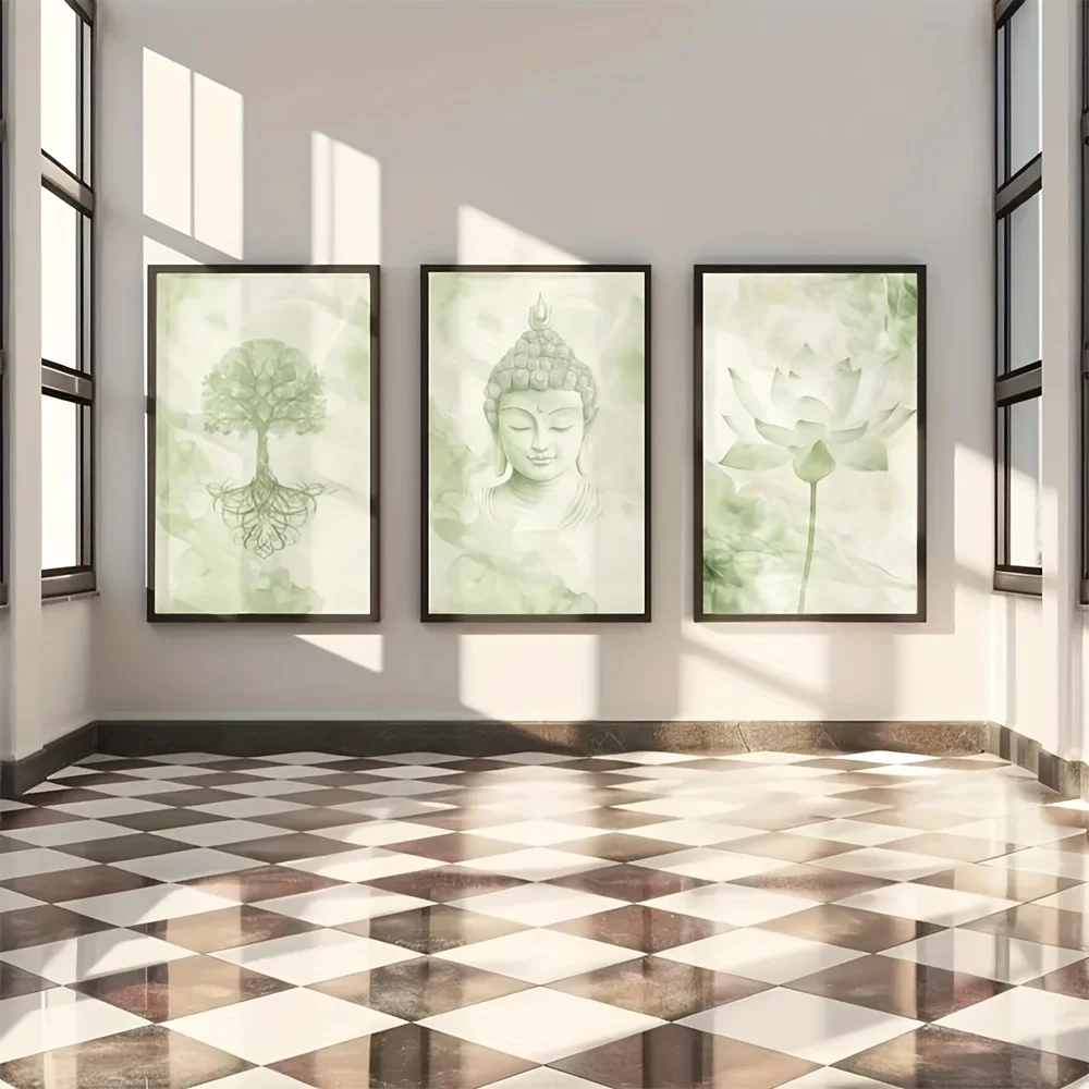 （Noframe 3PCS)-3 Japanese Zen Master Green Zen Prints, Yoga Room Wall Art Decor, Tree of Life Buddha and for Lotus Meditation