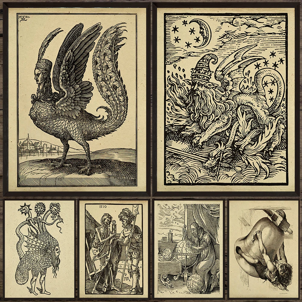Medieval Gothic Mythical Wall Art,Dark Academia Woodcut Canvas Print,Vintage Occult Antique Gothic Decor Poster Print Unframed