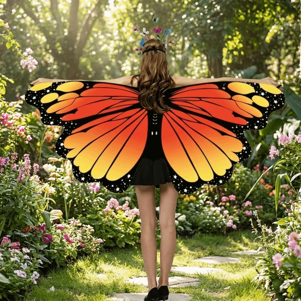 Lightweight Butterfly Wings Shawl Colorful Rainbow Gradient Fairy Wing Cape Back Decoration Soft Fabric