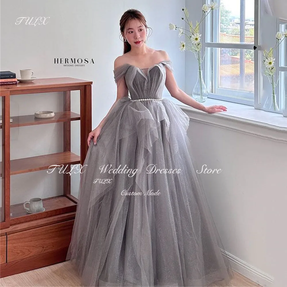 

TULX Fairy Tulle Sparkly Korea Wedding Party Dress A-line Pleat Corset Evening Dress Bridal Beaded Long Formal Event Gown Custom