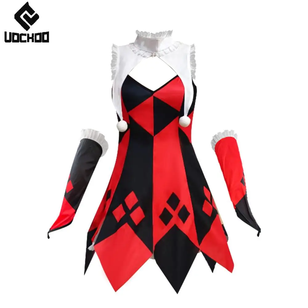 Robe de cosplay de clown pour femmes, robe courte à motifs rouge et noir avec manches, costume de fête de carnaval, tenue de bouffon