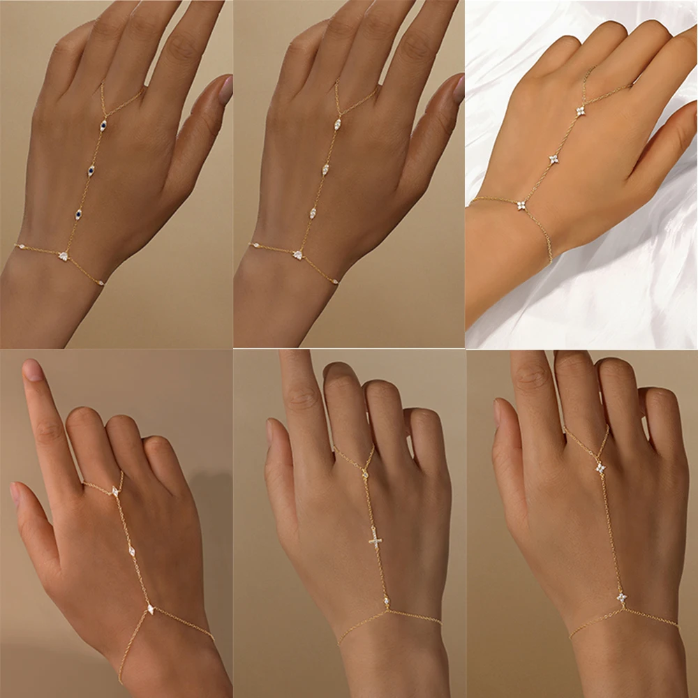 

BOAKO 925 Sterling Silver Heart/Star Zircon For Women Hand Chain Multiple Layers with Finger Rings Design Party Jewelry Gift