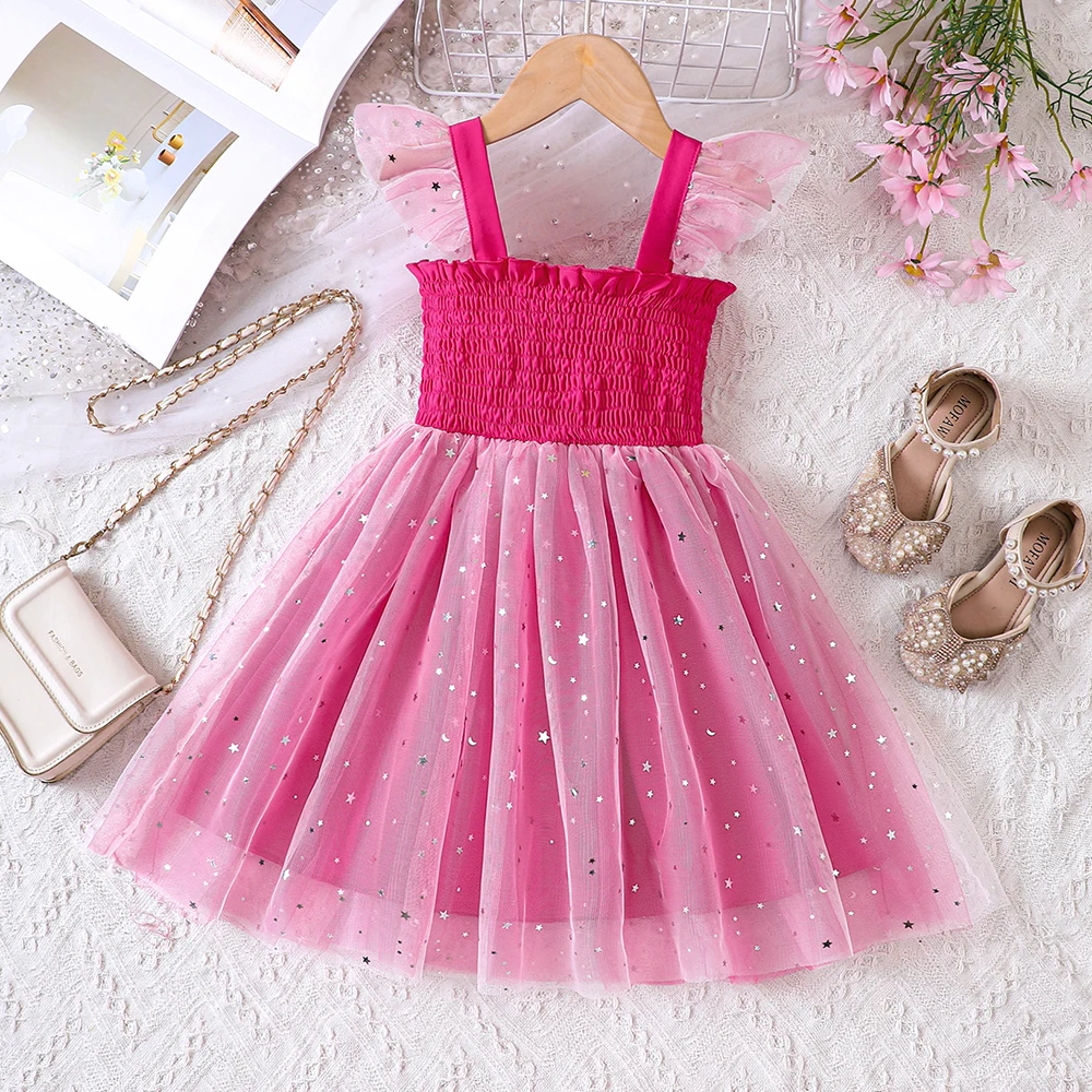 Girls\' new sweet and cute princess dress in summer + five-pointed star embellished mesh series slip dress