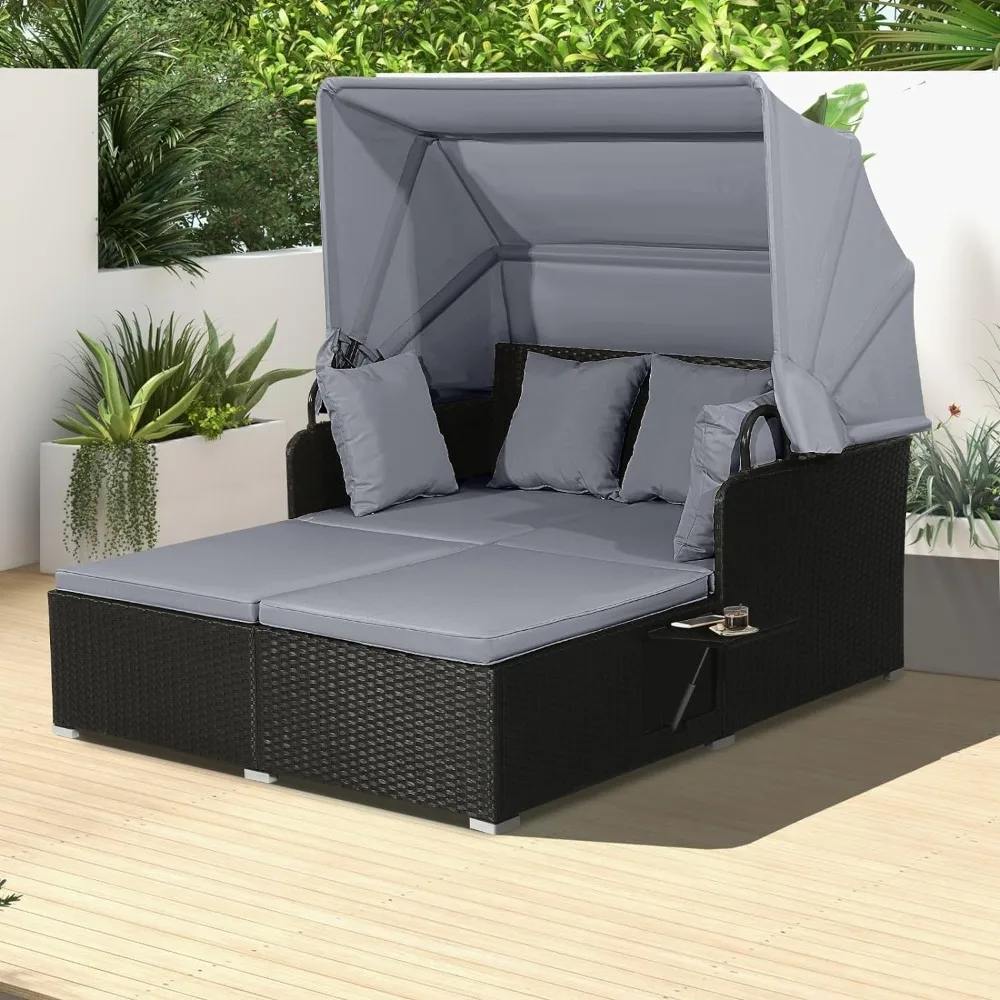 

Patio Outdoor Daybed with Canopy, Wicker Sunbed W/Cushions, 4 Pillows & 2 Retractable Side Trays, 2-Person Lounge, Customized