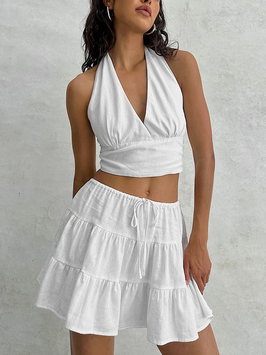 Women'S Two-Piece Suspender Collar Deep V-Neck Hanging Neck Ruffle Edge Backless Skirt Set White Vest Mini Drawstring Skirt Set