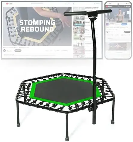 Indoor Trampoline, Blue/Green/Red, Rebounder Home Fitness Trampoline with Height Adjustable Bar