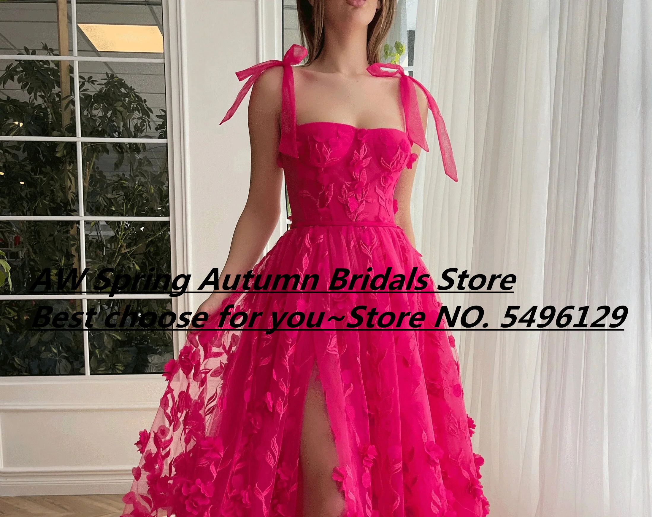 Elegant Lace Fuchsia 3D Flowers Leaves Prom Dresses Sexy Straps High Split A line Boho Fairy Prom Evening Party Gowns 2024