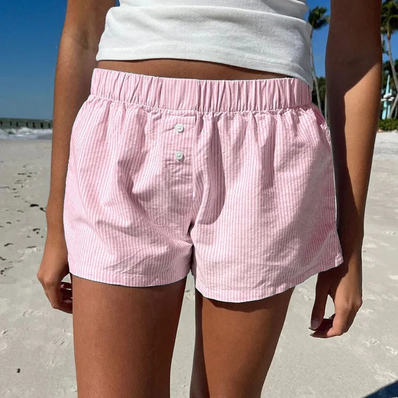 شورت نسائي فضفاض غير رسمي مخطط بألوان متباينة، إصدار جديد لربيع وصيف، بنطلون عمل محبوك عابر للحدود بخصر طبيعي