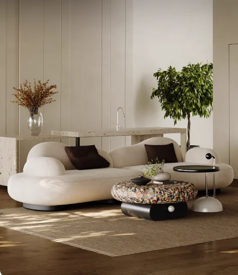 #Modern Cream Modular Sectional Sofa Set With Curved Design Cream Fabric
