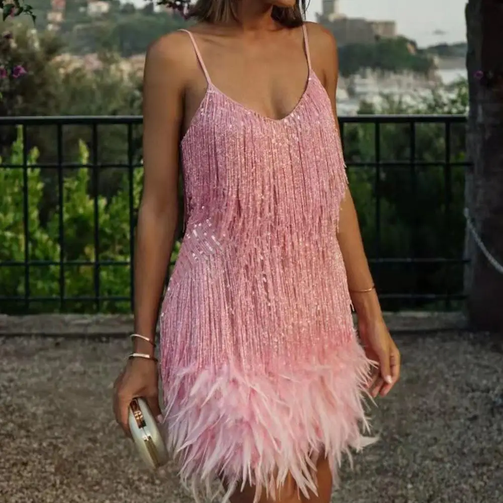 Mini sukienka z piórami paski spaghetti z frędzlami obcisła sukienka seksowna cekinowa frędzle Backless koktajlowa sukienka klubowa sukienki w stylu boho — zdjęcie 3