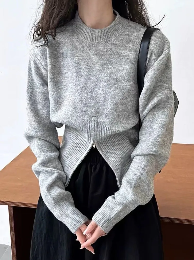 Elegant Gray Split Zipper Short Sweaters Korean High Street Solid Knitted O Neck Pullovers Vintage Sueter Mujer Y2k Long Sleeve