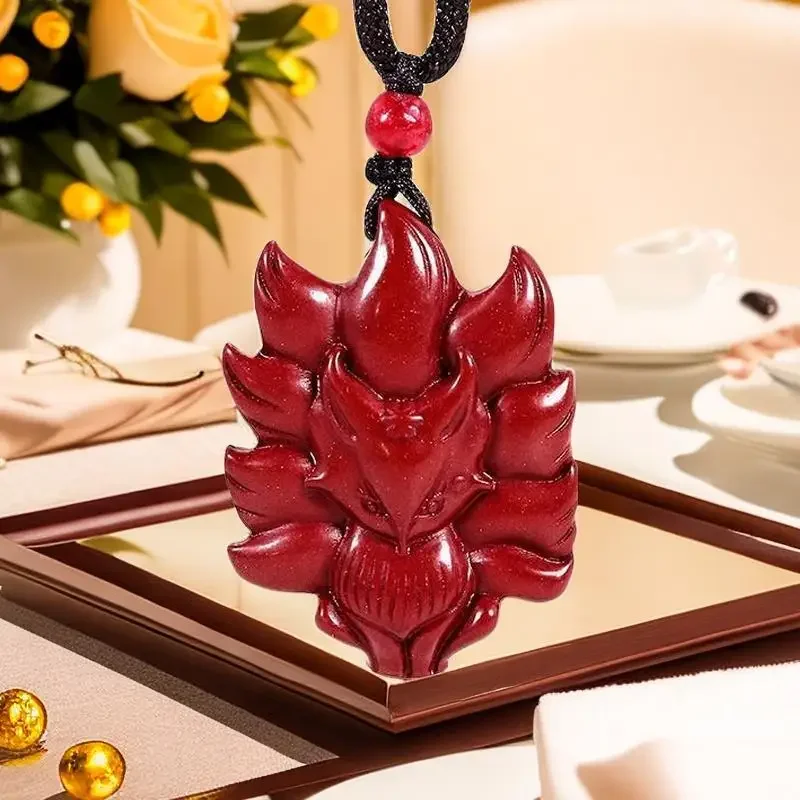 Natural Cinnabar Fox Pendant Necklace Red Fashion Amulet Stone Vintage Luxury Charm Man Real Jewelry Carved Gift Energy