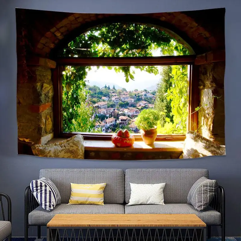 VIKAMA 3D Optical Illusion Window Tapestry Rustic Sill Scene Wall Hanging Cozy Bedroom Ins Style Polyester Home Decor