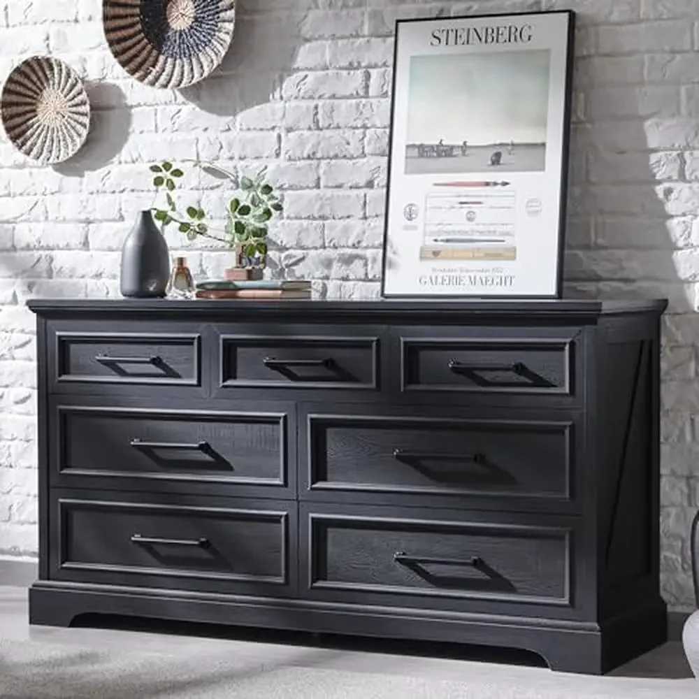 7 Drawer Farmhouse Chest of Drawers Bedroom TV Stand Modern Wood Drawer Black Grey Brown White 52