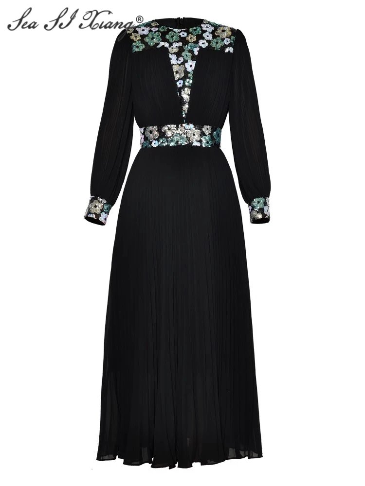 Seasixiang Sequins Flowers Embroidery Dress For Women O-Neck Lantern Sleeves Vintage Pleated Dresses Fashion Autumn Female New