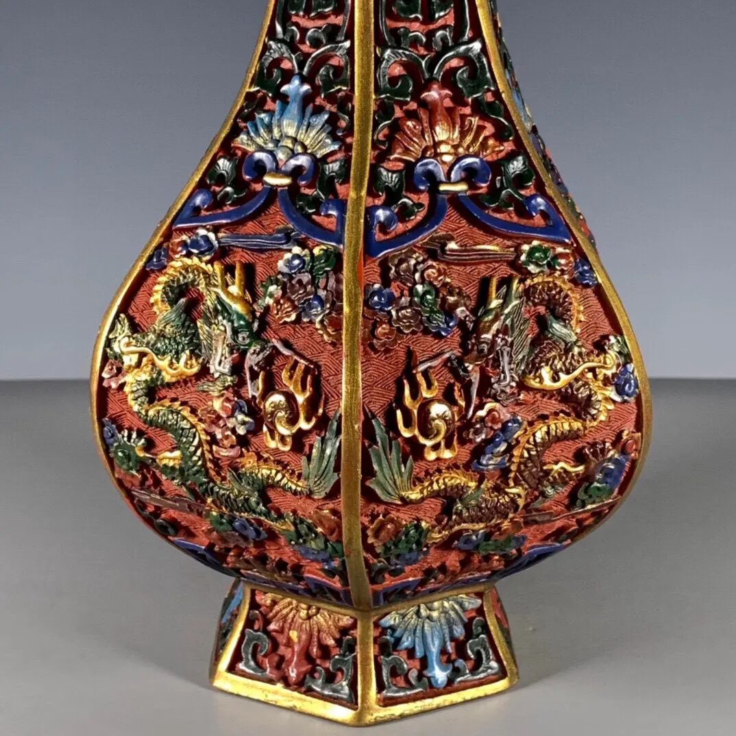 Antique Beijing Tihong Handmade Lacquerware Carved Dragon Six Prism Vase Decorative Ornament