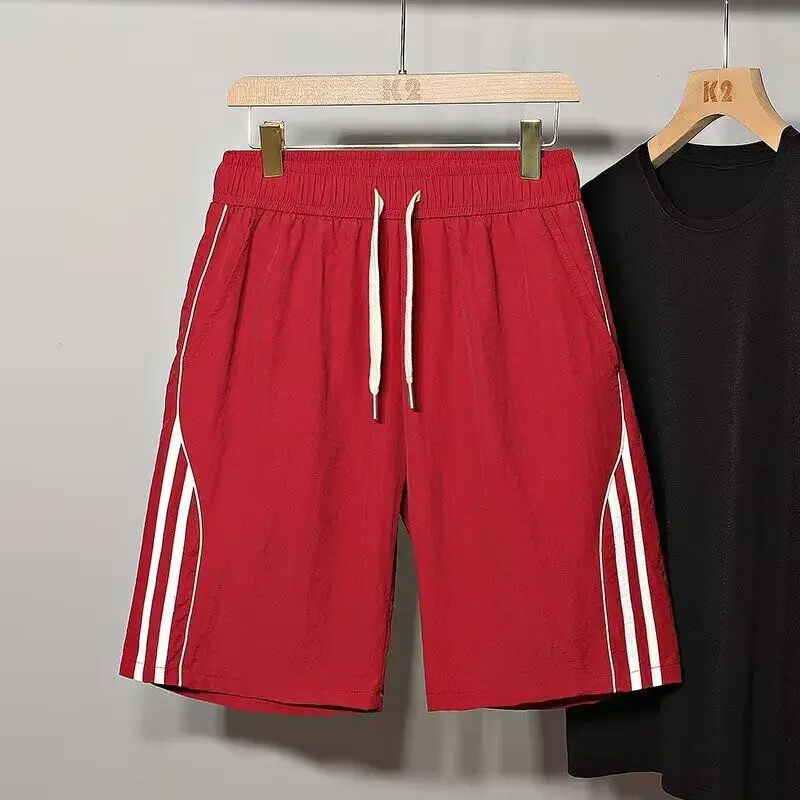 

Red Five-Quarter Casual Loose Straight Leg Sports Shorts Summer Thin Breathable Beachwear Street Style Youthful Polyester Fiber