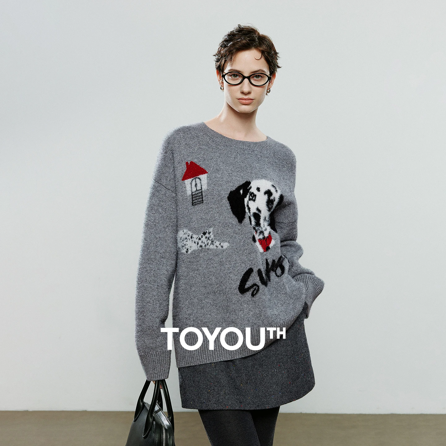 

TOYOUTH Women Knitted Sweater 2025 Autumn New Dog Jacquard Retro Warm Pullover Sweater Gray