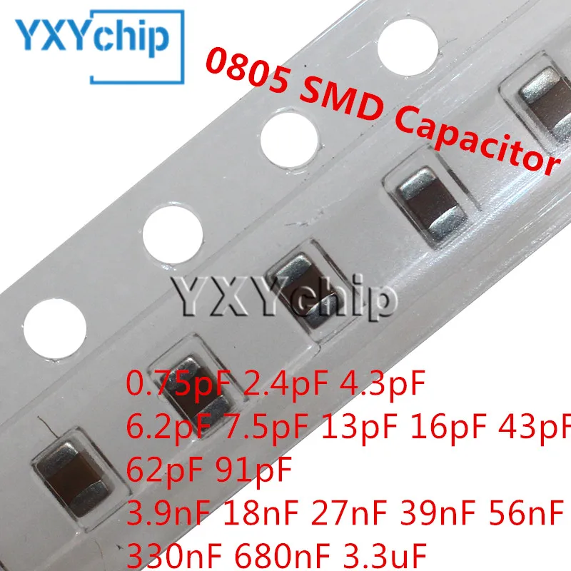 

100 шт. 0805 Конденсатор SMD 0,75 пФ 2,4 пФ 4,3 пФ 6,2 пФ 7,5 пФ 13 пФ 16 пФ 43 пФ 62 пФ 91 пФ 3,9 нФ 18 нФ 27 нФ 39 нФ 56 нФ 330 нФ 680 нФ 3,3 мкФ