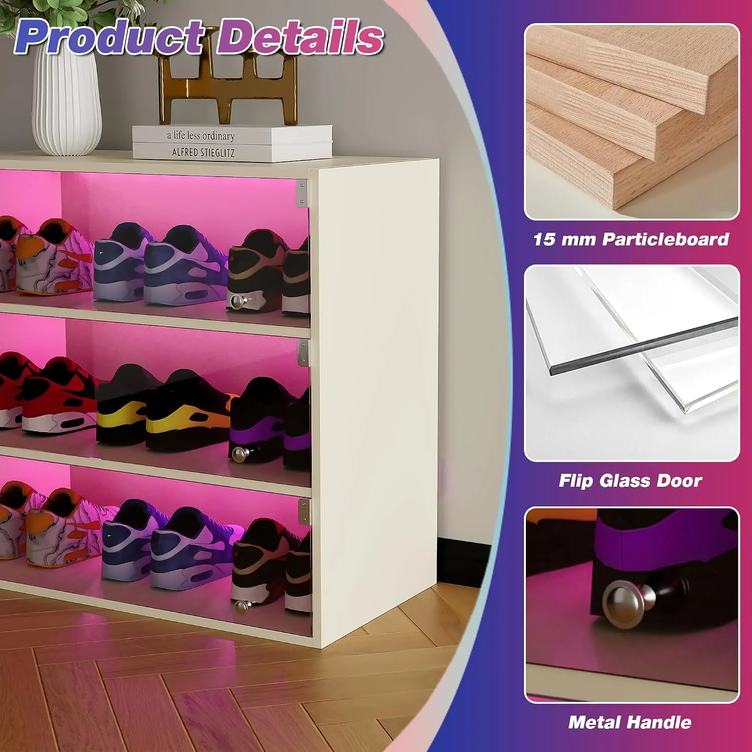 Wooden Shoe Storage Box 3-Tier Glass Door RGB LED APP Control 9 Pairs Sneaker Display Organizer Off White, Customized