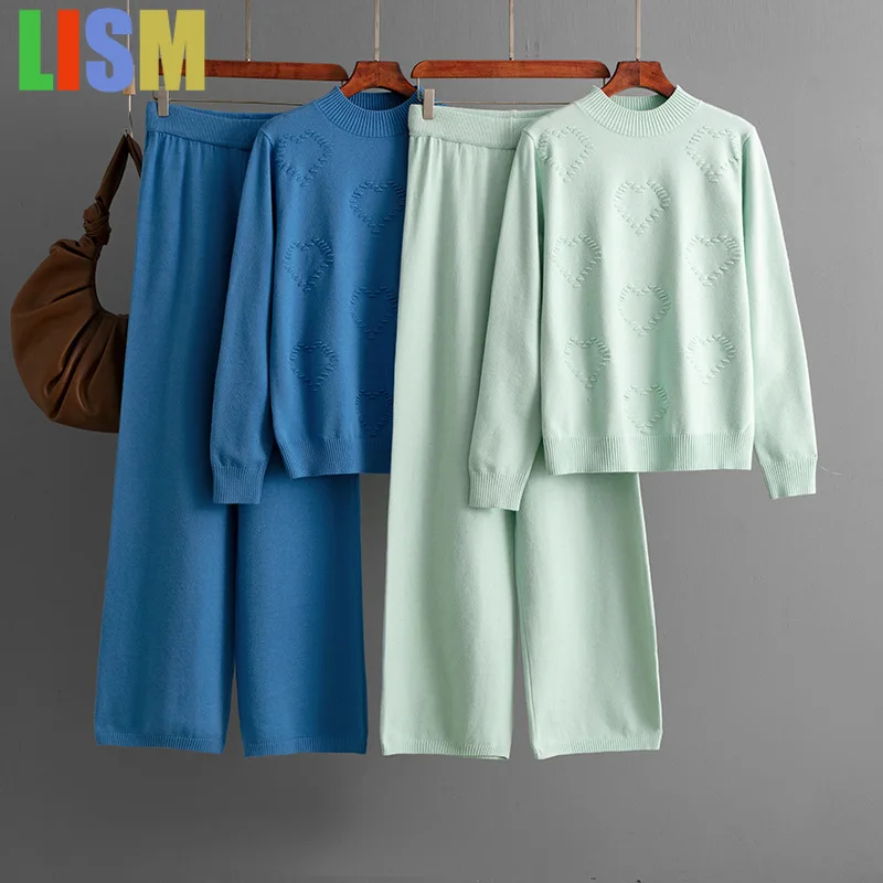 

LISM winter woman outfit Knitted 2 Pieces Set Tracksuits Sweater Tops+Wide Leg Pant Sets Soild Warm Knitwear Suits Female