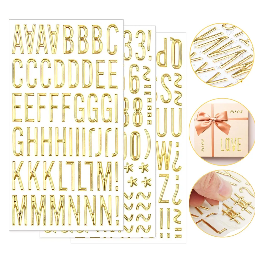 3Sheets 3D Gorgeous Gold Letter Stickers Glitter 1In Resin Alphabet Number Stickers for Scrapbook Grad Cap DIY Crafts Art Making