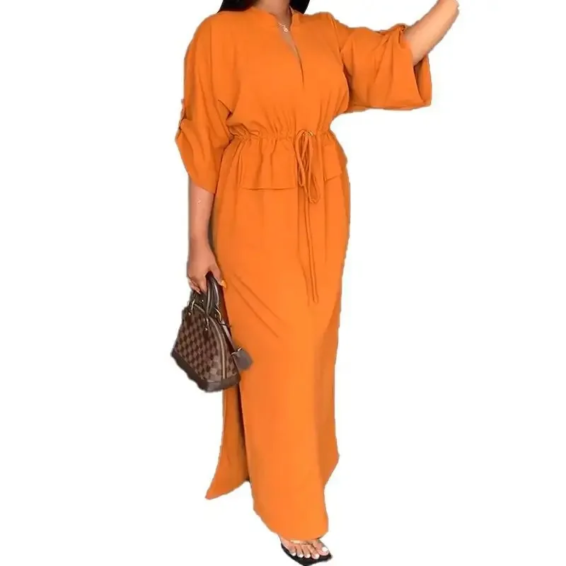 

2025 Comfortable Women Summer Dress Casual Fashion Stand Collar Long Sleeve Casual Slit Solid Color Woman Long Dresses Vestidos