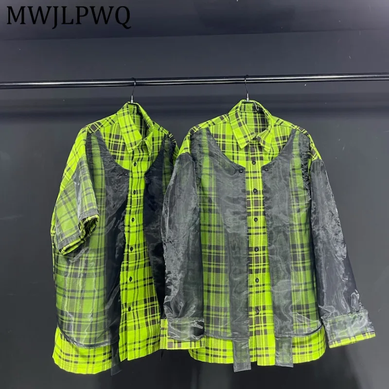 

MWJLPWQ Tide Plaid Design Loose-Fit Casual Shirt Men's High Street Short-Sleeve Long-Sleeve Tops Summer Autumn Trendy 16391