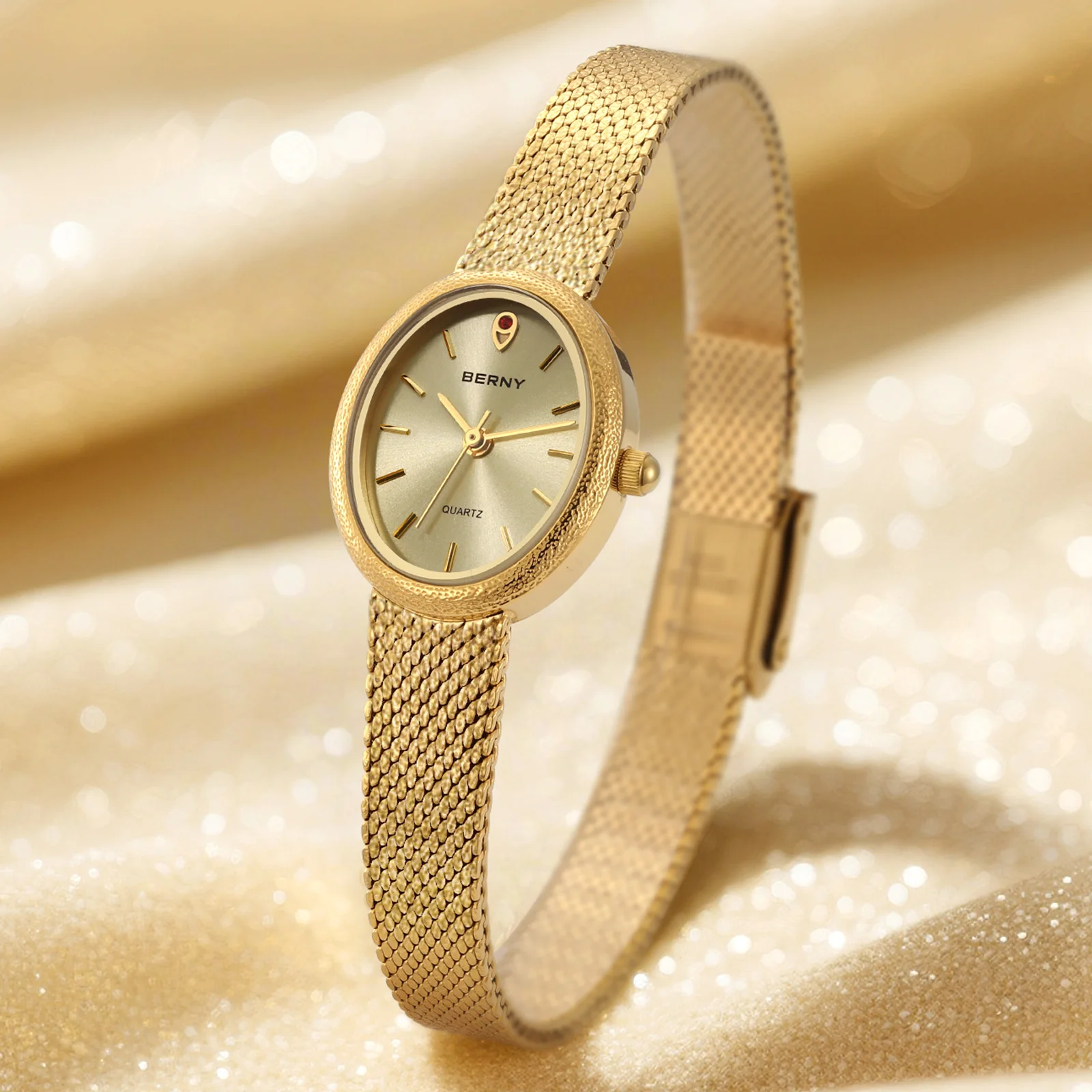 BERNY Luxury Watches for Women Fashion Golden Ladies Quartz Watch Super Lightweight Oval Case S/S Casual Dress Wristwatch